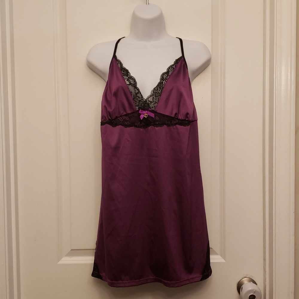 Elegant Purple Satin Chemise with Lace Detail